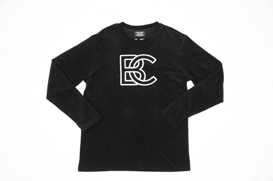 BC BRICKELL CLOTHING FUZZY TERRY SWEATER CHENILE BLACK/WHITE LOGO