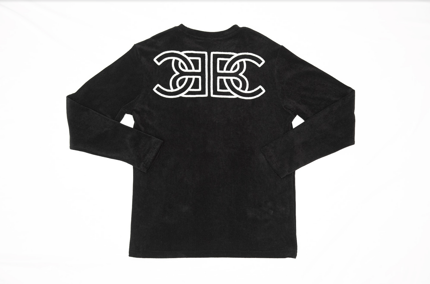 BC BRICKELL CLOTHING FUZZY TERRY SWEATER CHENILE BLACK/WHITE LOGO