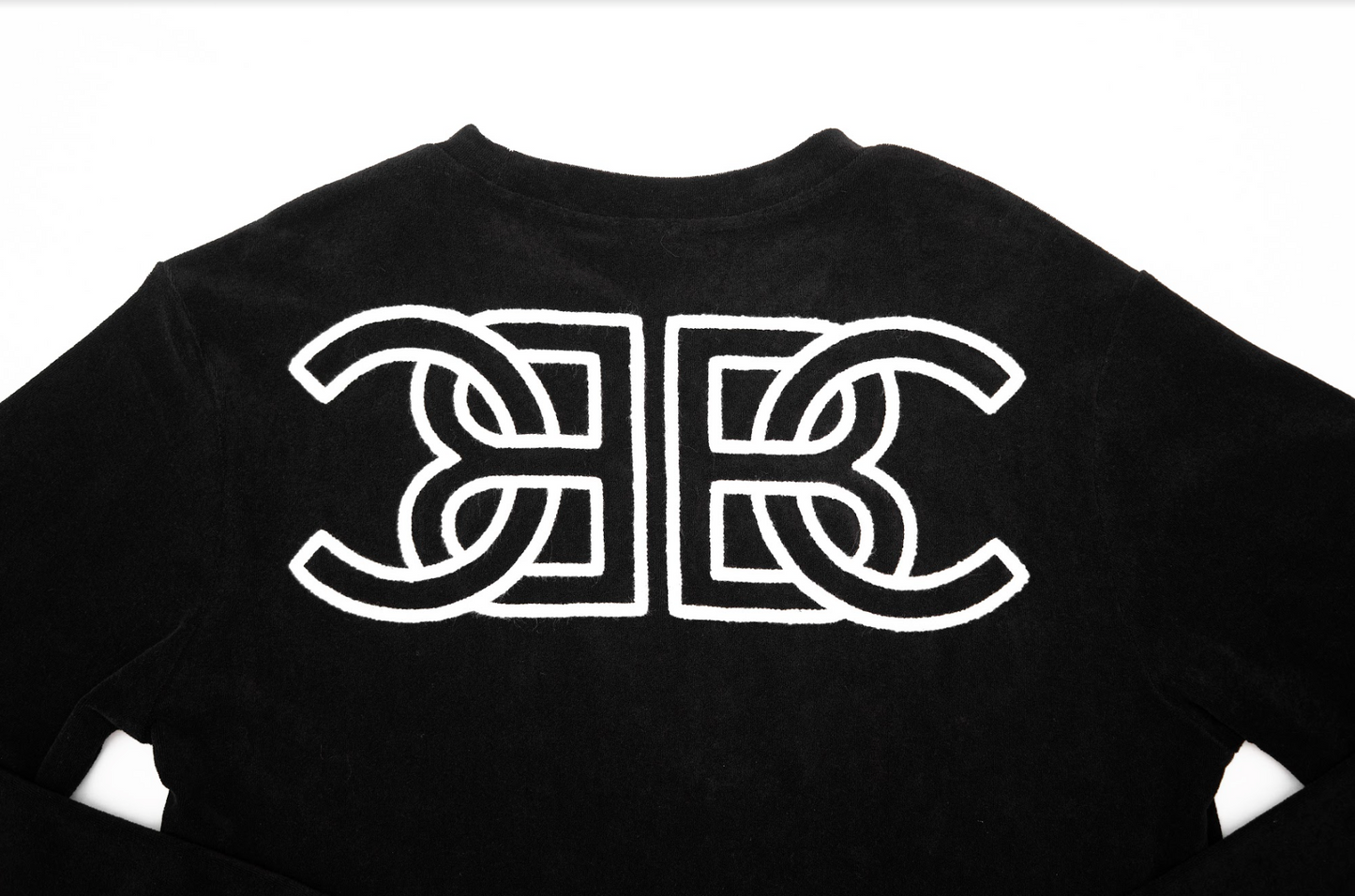 BC BRICKELL CLOTHING FUZZY TERRY SWEATER CHENILE BLACK/WHITE LOGO