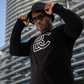 BC BRICKELL CLOTHING FUZZY TERRY SWEATER CHENILE BLACK/WHITE LOGO