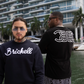 BC BRICKELL CLOTHING FUZZY TERRY SWEATER CHENILE BLACK/WHITE LOGO