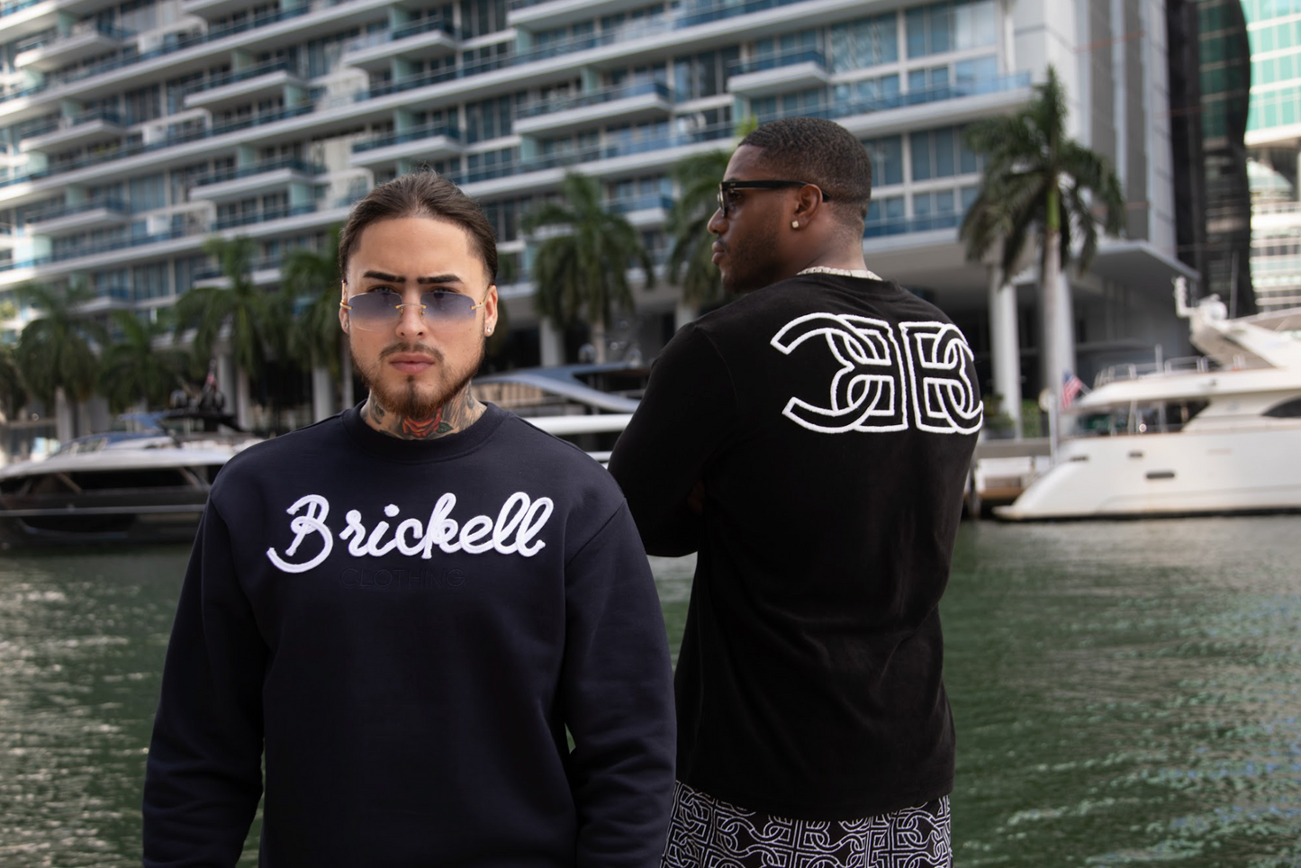 BC BRICKELL CLOTHING FUZZY TERRY SWEATER CHENILE BLACK/WHITE LOGO